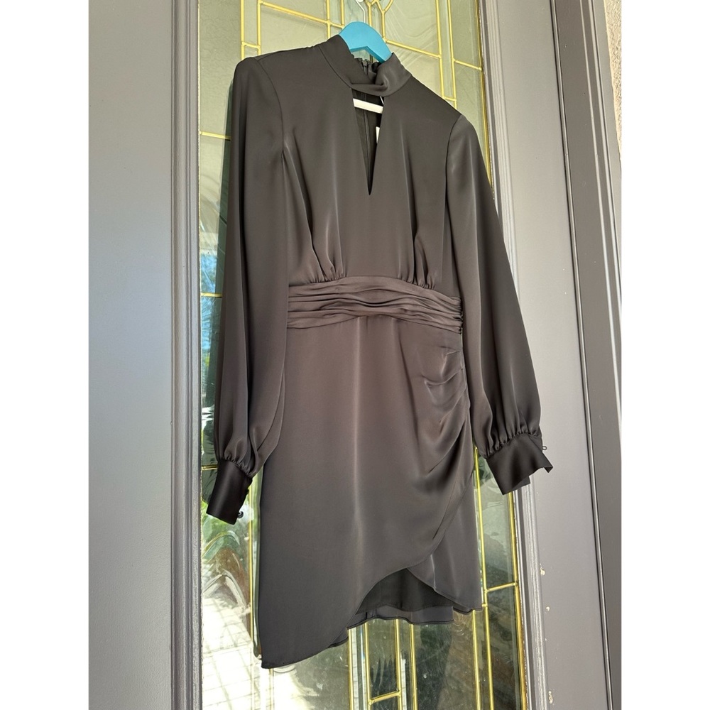 Ramy Brook Black Satin Long-Sleeve Keyhole Wrap Dress, 4 NWT - Picture 3 of 6